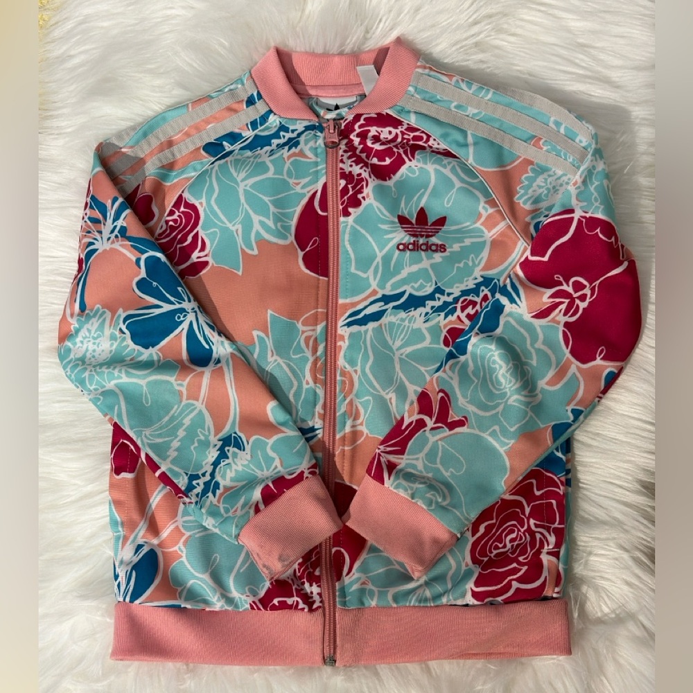 Adidas Pink and Blue Bomber Jacket with Floral Design Size XS (7/8) - Picture 5 of 7